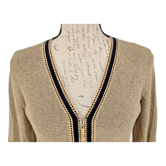 VTG Cropped Sweater SIZE SP- Tan Heather-Front Zip-Black Crochet Trim-Y2K-Retro - Picture 6 of 13